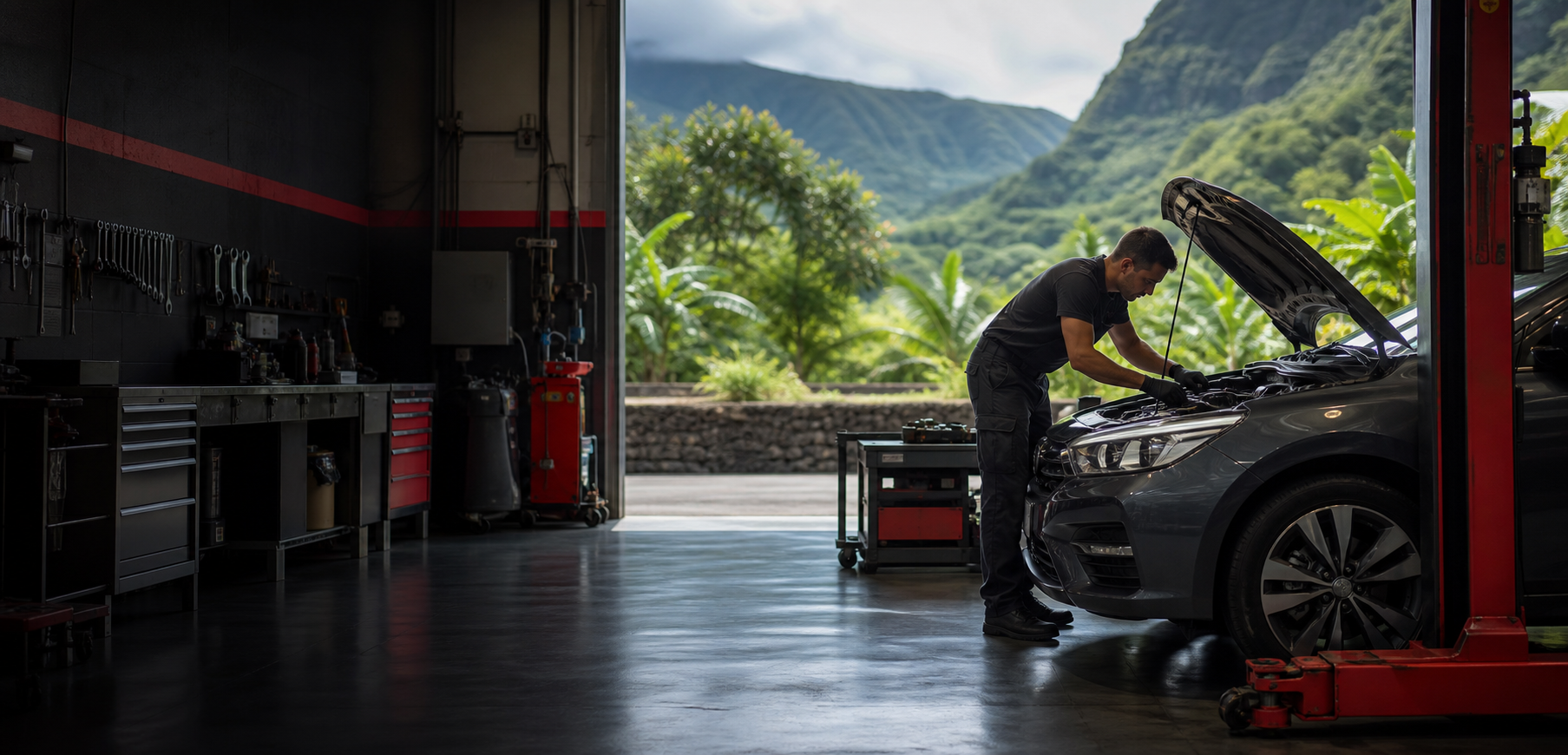 Atelier automobile accueillant avec un véhicule en entretien